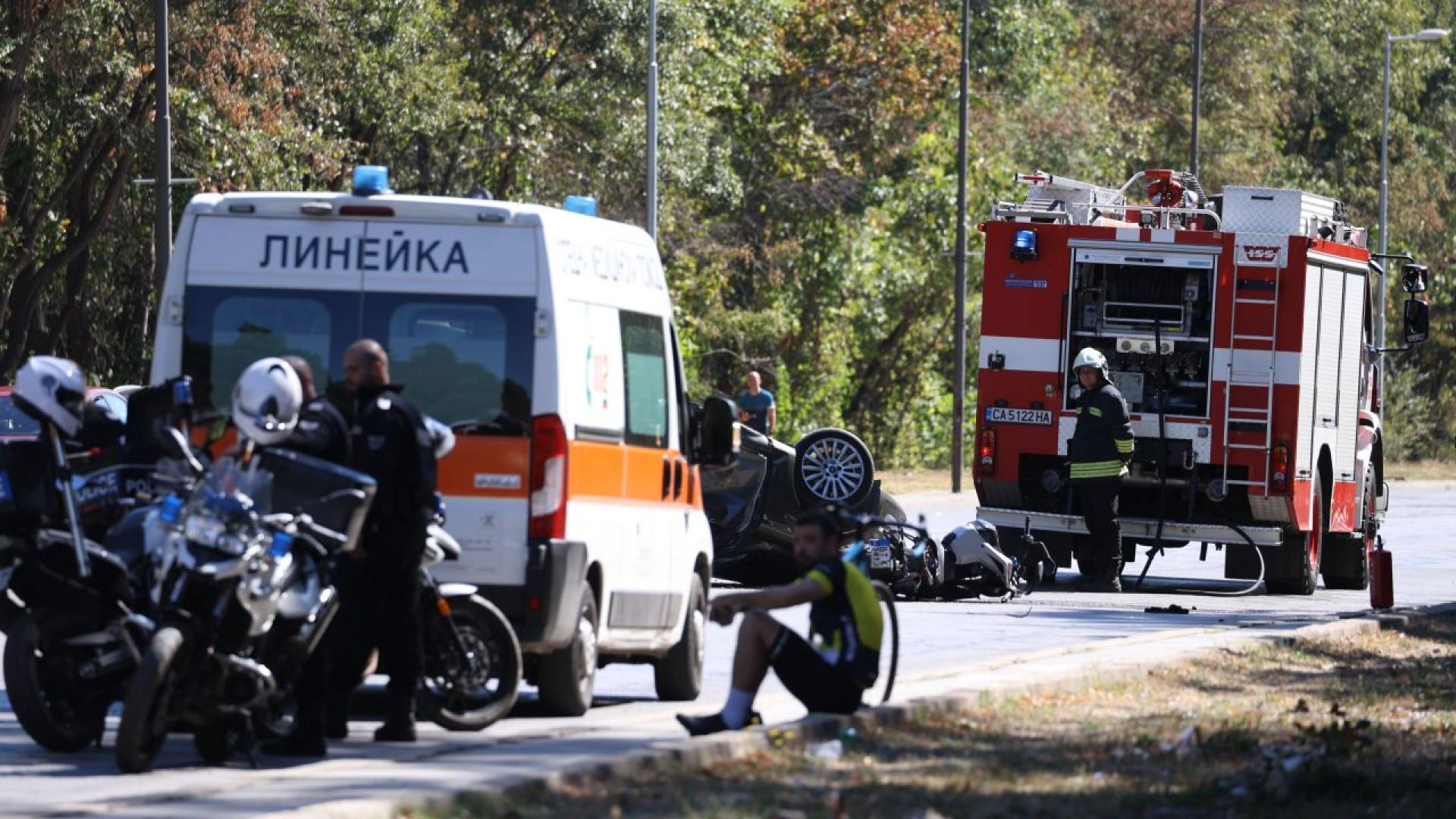 Traffic accident scene — ambulance, fire truck and police